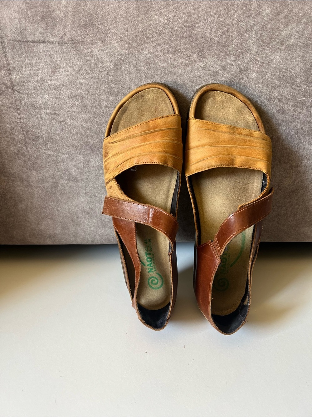 Naot Two-Tone Brown and Tan Leather Slide Sandals